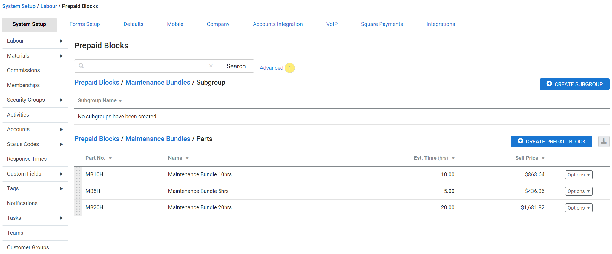 A screenshot of a prepaid labour group.